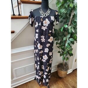 Final Touch Women's Black Floral Polyester Short Sleeve Square Neck Maxi Dress M